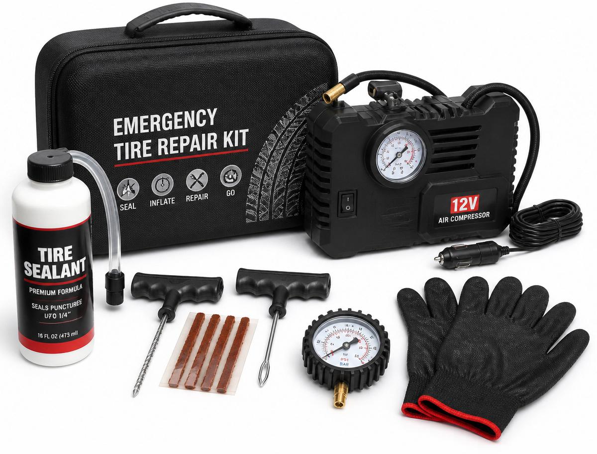 Contenido del kit de reparación de neumáticos: sellante, compresor, mechas, manómetro y guantes